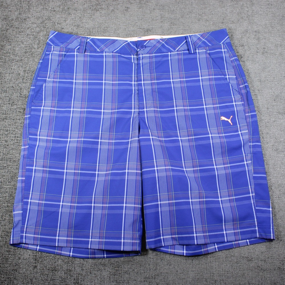 Puma Sportlifestyle Mens Blue Plaid Golf Shorts Size 38 Checkered Performance